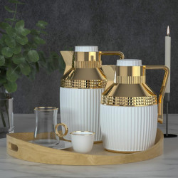 A set of thermos with a distinctive design in gold and gold